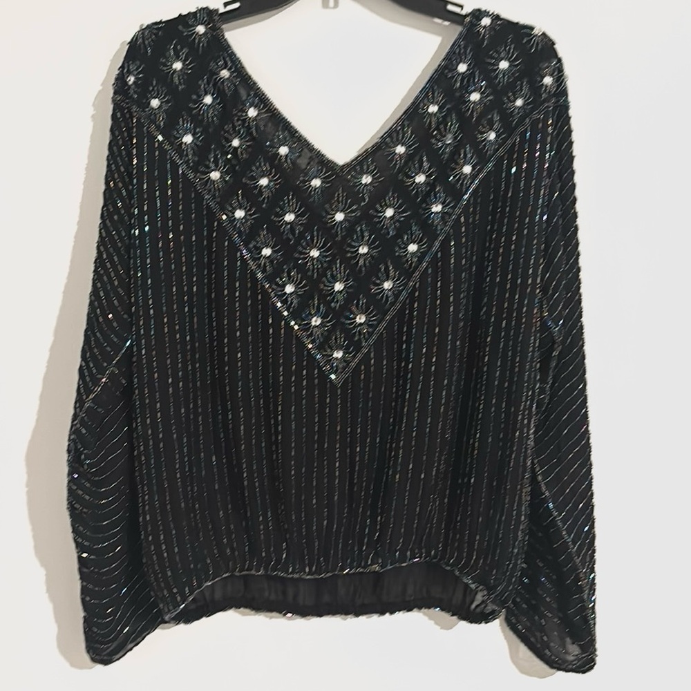 Vintage Elegant Black Beaded Size Large 100% Silk Women's Top Blk/Navy